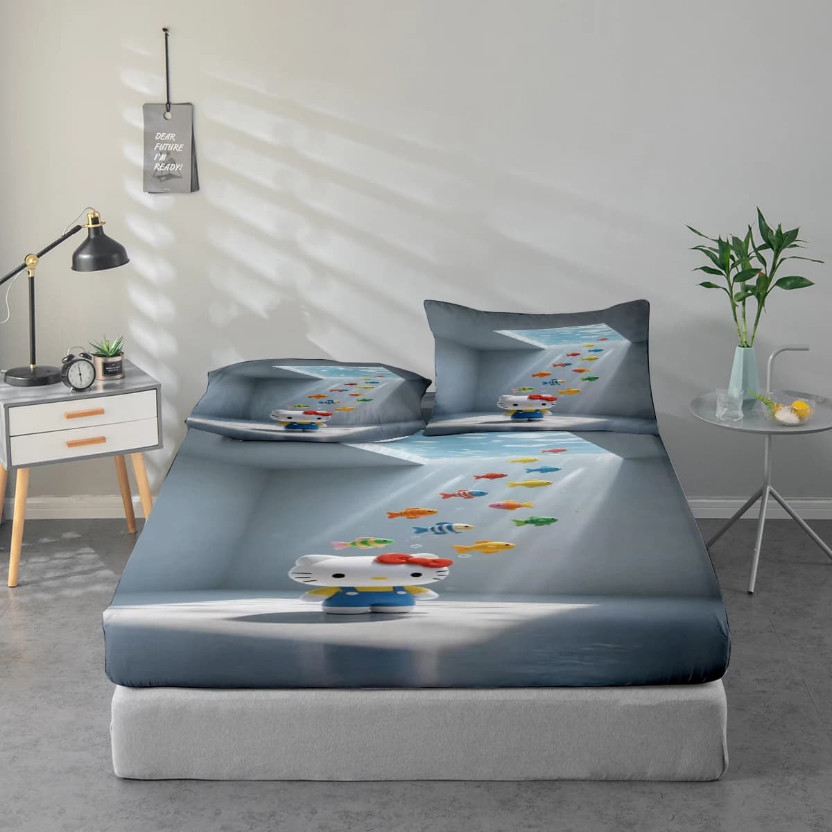 Set di lenzuola stampate digitalmente ad alta definizione in 3 pezzi, set di lenzuola con motivo Hello Kitty, set di lenzuola con stampa floreale di grandi dimensioni, include 1 lenzuolo con angoli + 1/2 federa, adatto per camera da letto, camera degli ospiti, decorazioni per la casa, lenzuolo con angoli in fibra di poliestere + federa, biancheria da letto ultra morbida, tessuto spesso ultra morbido, confortevole per tutte le stagioni, lavabile in lavatrice
