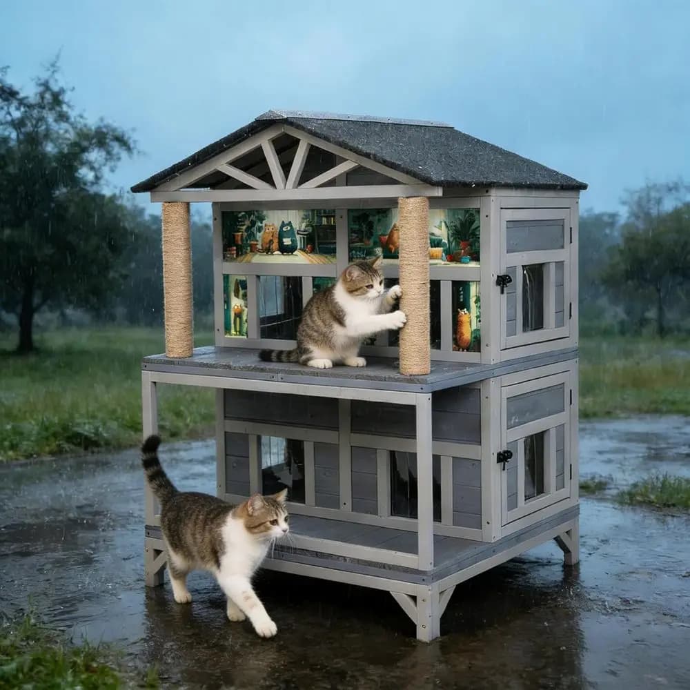 50 Tall Double-Layer Outdoor Cat Shelter with 4 Entry Points, Weatherproof Roof, Scratching Posts, and Removable Litter Box (Gra