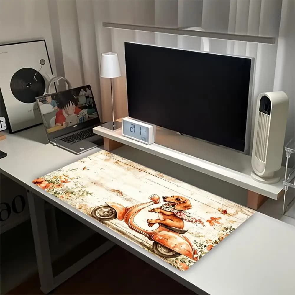 Vintage Dachshund Scooter Desk Mat Non Slip Rubber Base Stitched Edge Gaming Keyboard Table Mat For Office Laptop Desktop Use