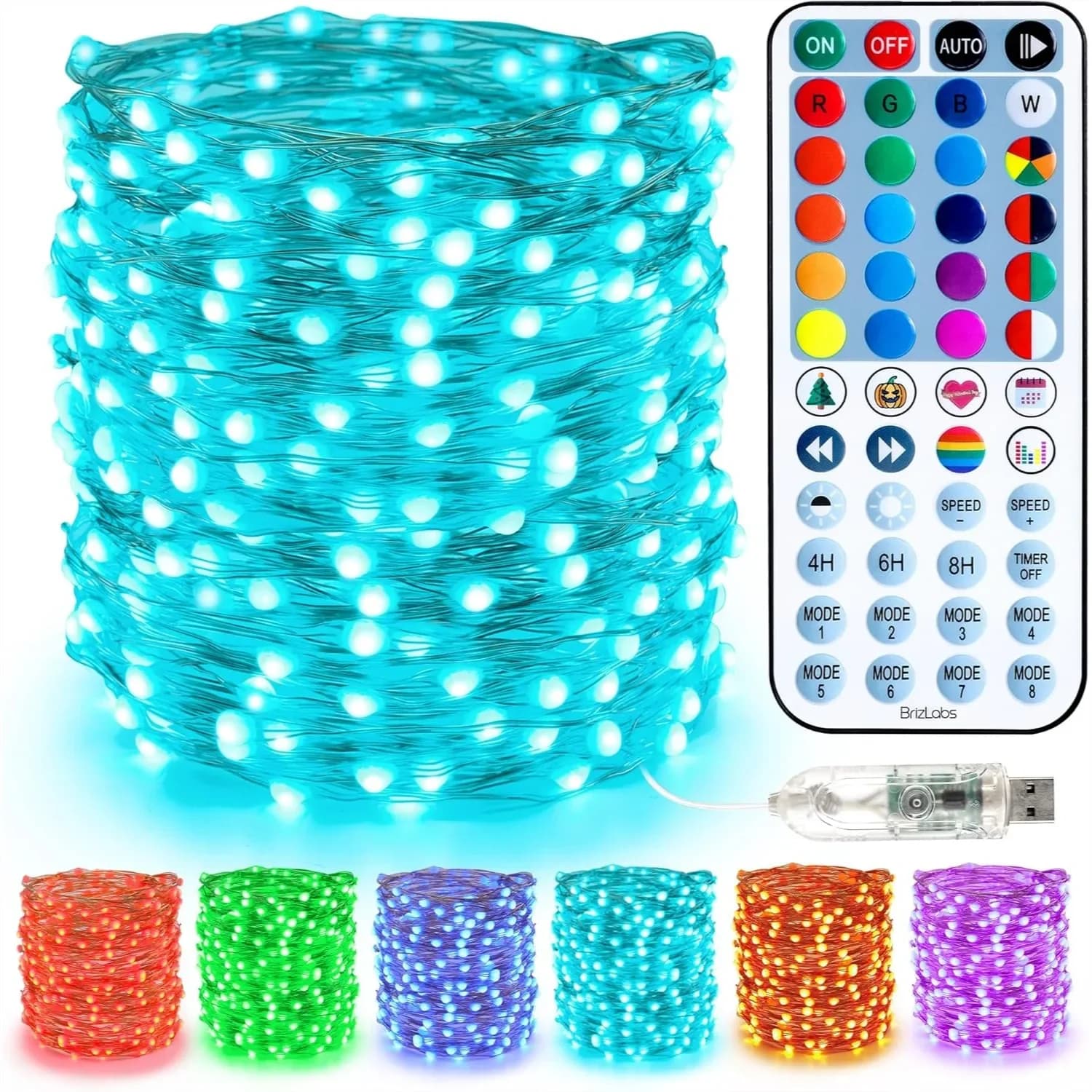 Luci a stringa fatate da 10m (33ft) con 100 LED Rossi, Bianchi e Blu, con Telecomando e Timer, Alimentazione USB, Sincronizzazione Musicale, Cambio Colore RGB per il 4 Luglio