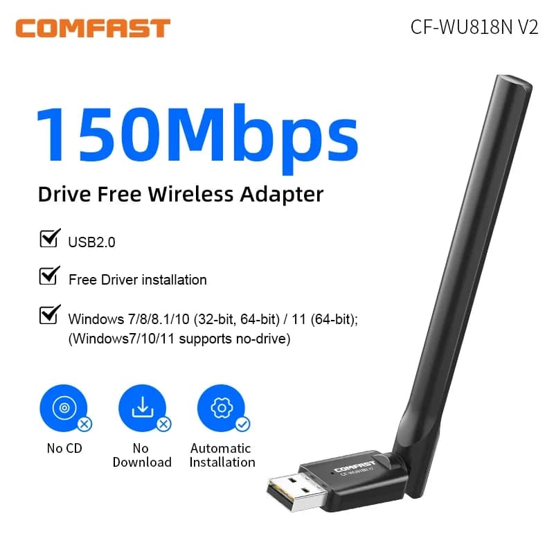 Adattatore WiFi USB COMFAST Mini con antenna, scheda di rete wireless 150M, ricevitore Ethernet, dongle senza driver, adattatore WiFi per PC