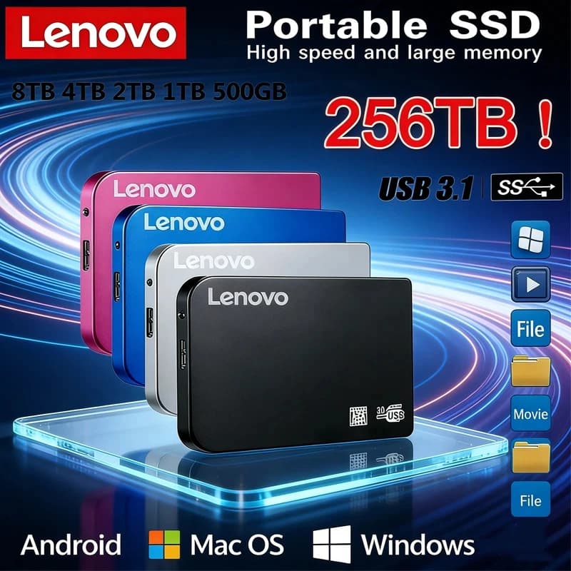 Lenovo SSD da 256TB ad Alta Velocità, Enclosure USB 3.0 per Unità SSD, Custodia per Disco Rigido Esterno con Cavo USB in ABS