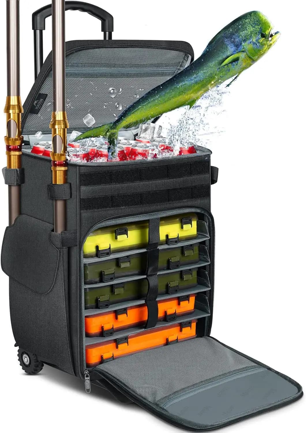 Large Fishing Bag with Wheels and Refrigerant compartment, for 5 Trays, Waterproof Backpack with Candle