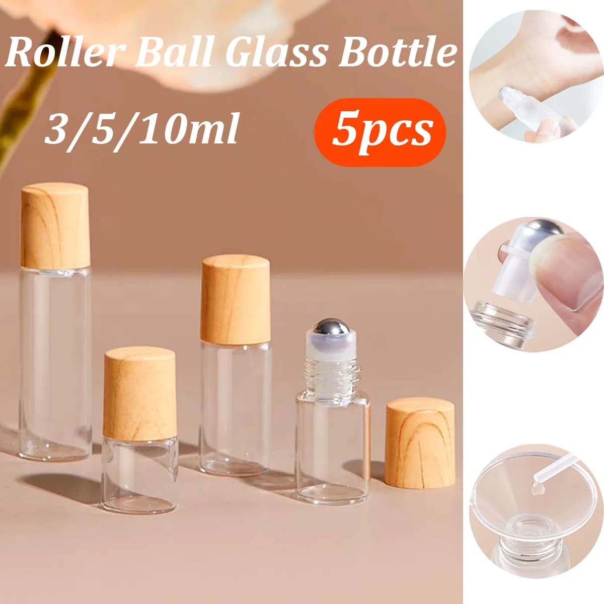 5 pz 3/5/10 ml Riutilizzabile Portatile Olio Essenziale di Vetro Profumo Roller Bottiglia di Sfera Tappo di Legno Olio Essenziale Dispenser Cosmetico