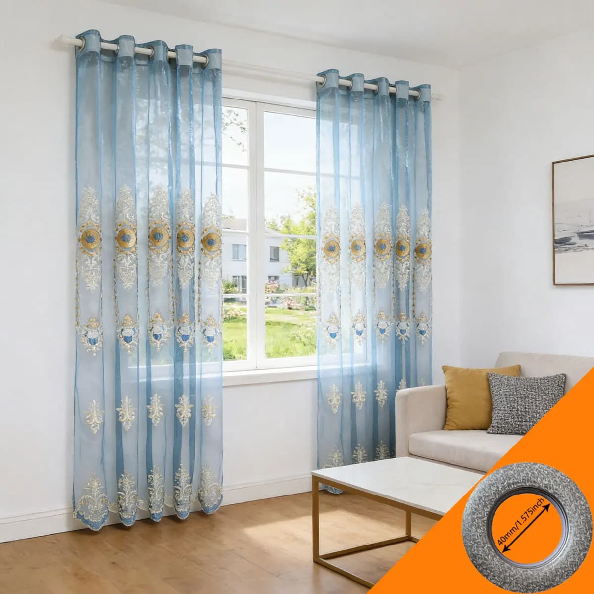 Eleganti Tende Trasparenti Ricamate Azzurro Chiaro, Tende Semitrasparenti Filtranti con Ricami Floreali Ornamentali