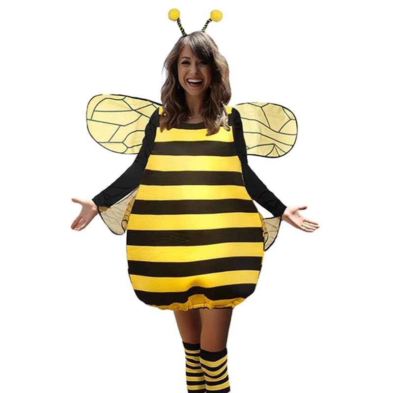 Costume da ape Patchwork a righe a maniche lunghe da donna di Halloween con calzini al ginocchio e vestito Cosplay con cerchietto per capelli