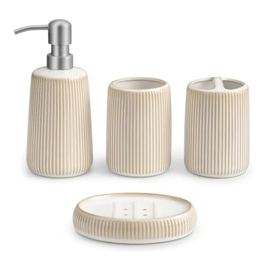 Set di Accessori per Bagno in Ceramica 4 Pezzi, Dispenser Sapone con Pompa in Acciaio Inox, Porta Spazzolino, Bicchiere e Portasapone, Mod