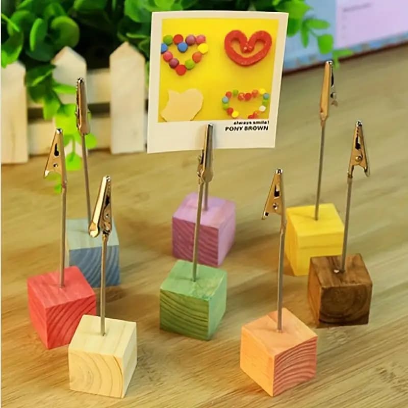 1 pz colore legno base di pino portafoto porta biglietti da visita pendolo da tavolo clip a coccodrillo porta foto porta biglietti da visita