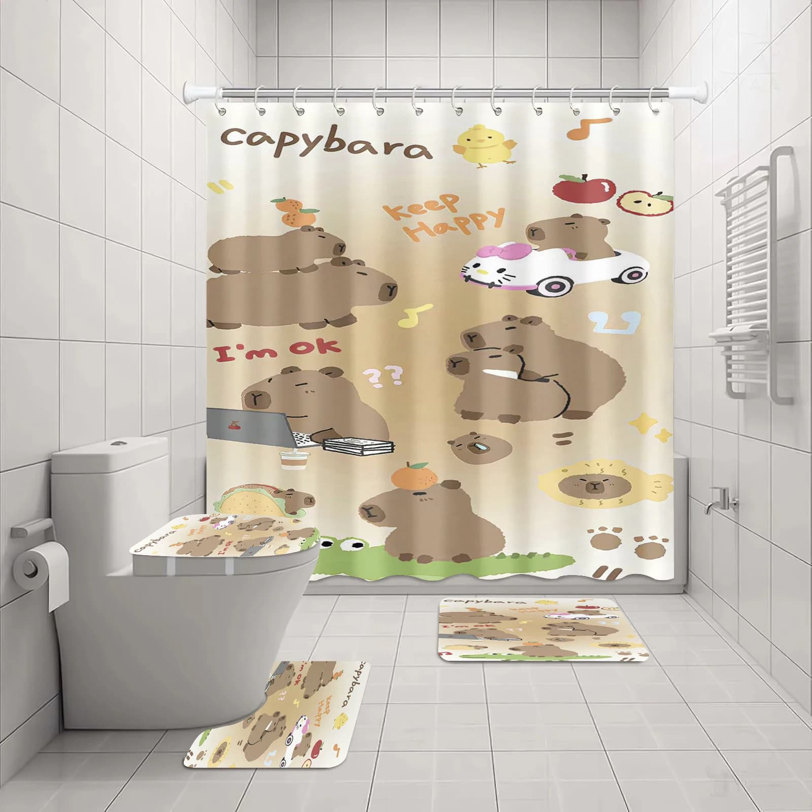 Set di Tende da Doccia con Capibara Cartoon, Decorazioni Anime Carine, 4 Pezzi di Accessori Anime per il Bagno