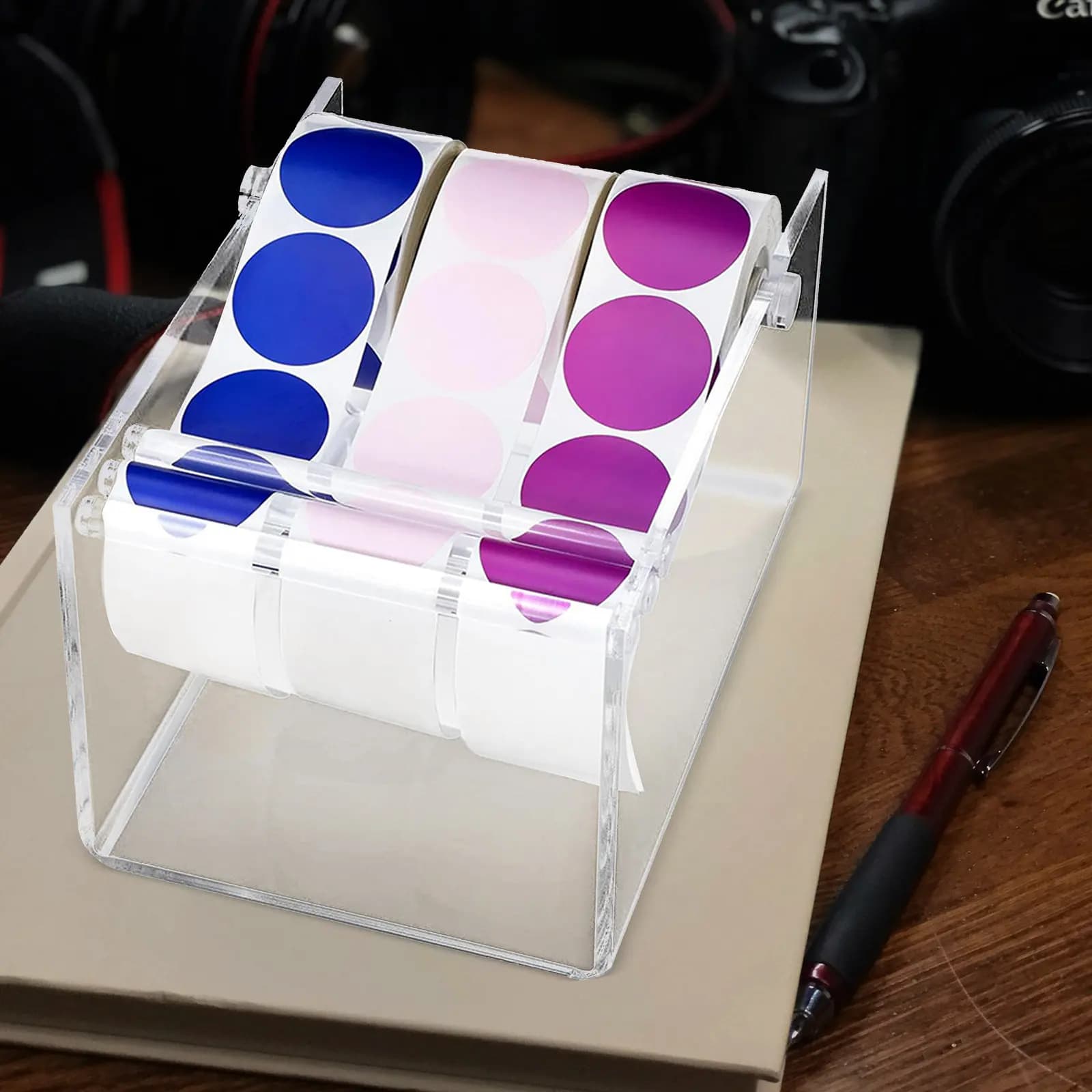Adjustable Acrylic Sticker Roll Holder Stand for Label Dispensing Office Warehouse Home Use Multi Roll Storage Desktop Organizer