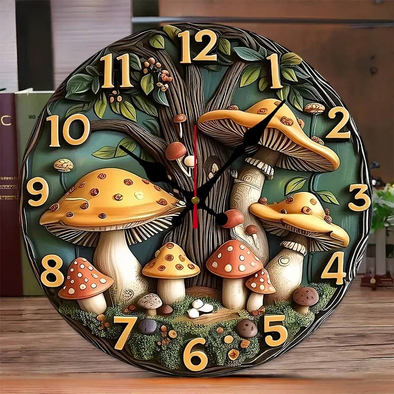 Simpatico orologio da parete sospeso silenzioso rotondo in legno con albero a fungo, adatto per soggiorno, ufficio, sala studio, camera da letto, decorazione domestica