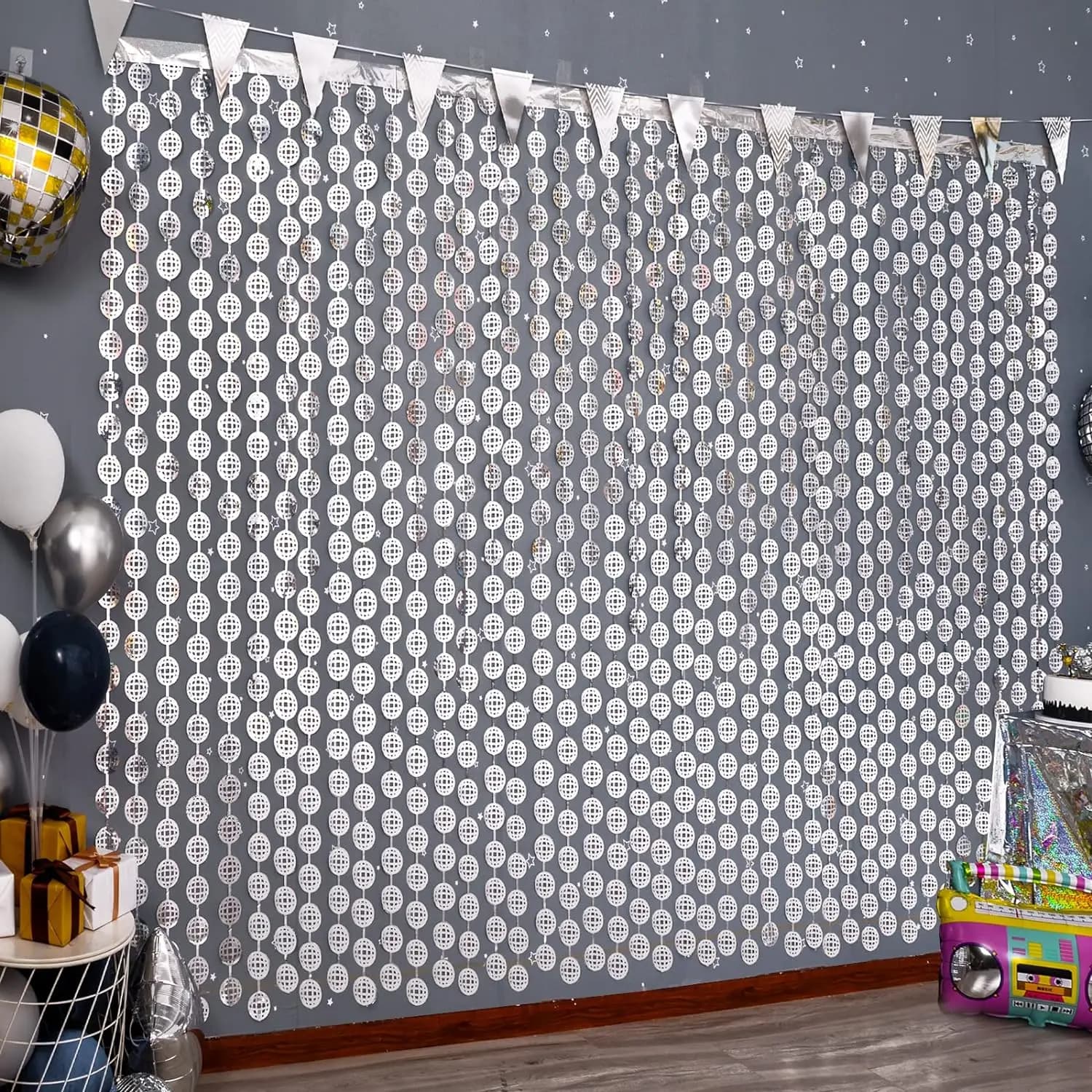 Disco Party Decorations, 1/2 Pack Disco Ball Photo Booth Props,Silver Foil Fringe Curtains Photo Backdrop, Taylor Party Decor