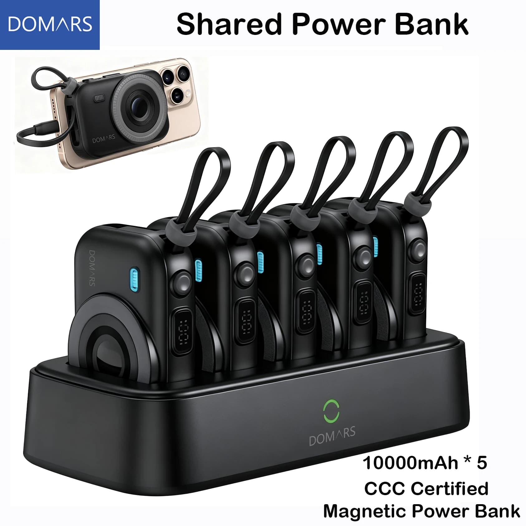 Domars Shared Power Bank 5 pezzi 10000 mAh batteria portatile magnetica ricarica rapida cavo dati integrato certificato CCC per ufficio
