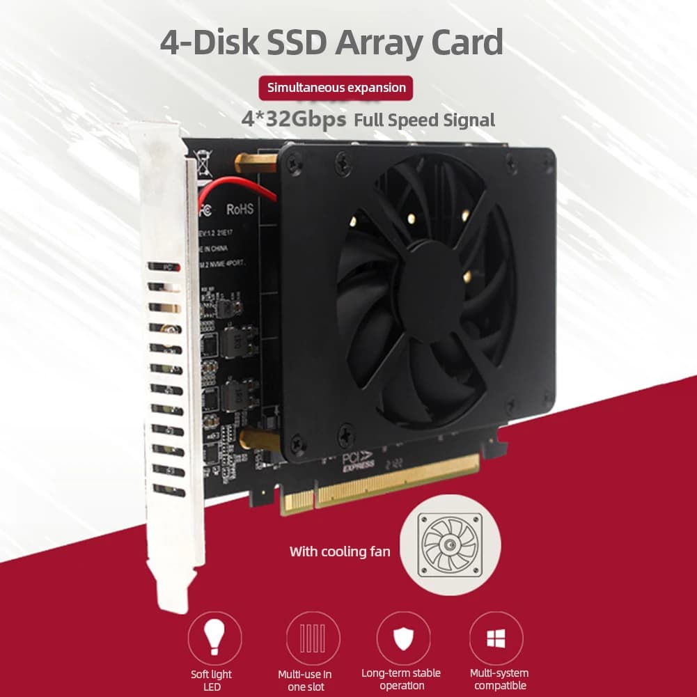 Adattatore di Espansione RAID SSD NVME M.2 MKEY PCIEX16 con Dissipatore di Calore, Espansione Array RAID SSD NVME M.2 MKEY PCIEX16 4 X 32Gbps