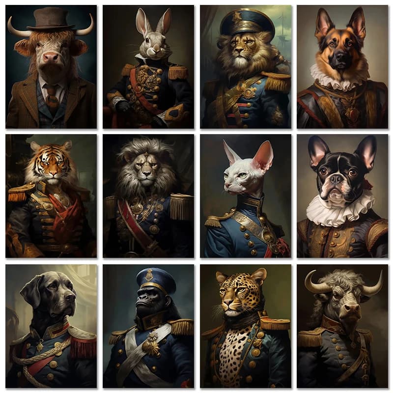 Vintage Animal Head Human Body Canvas Painting And Prints Cat Dog Lion Cow Tiger Rabbit Court Style Posters Wall Art Home Dec