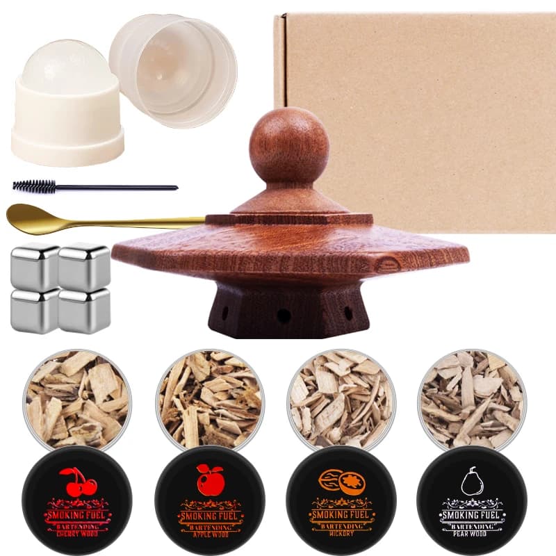 Kit per affumicatore di whisky con 4 trucioli di legno naturale Set per affumicatore da cocktail anti-bruciature con cubetti di ghiaccio riutilizzabili Regalo di compleanno Bourbon per uomo