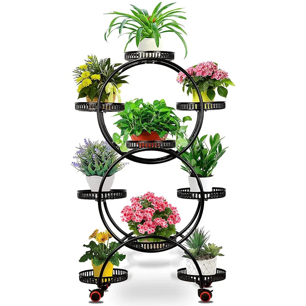 Supporto per vaso da fiori nero a 6 piani Espositore in vaso da 50 * 30 * 119 cm con cornice per piante ad alto carico a 9 vassoi