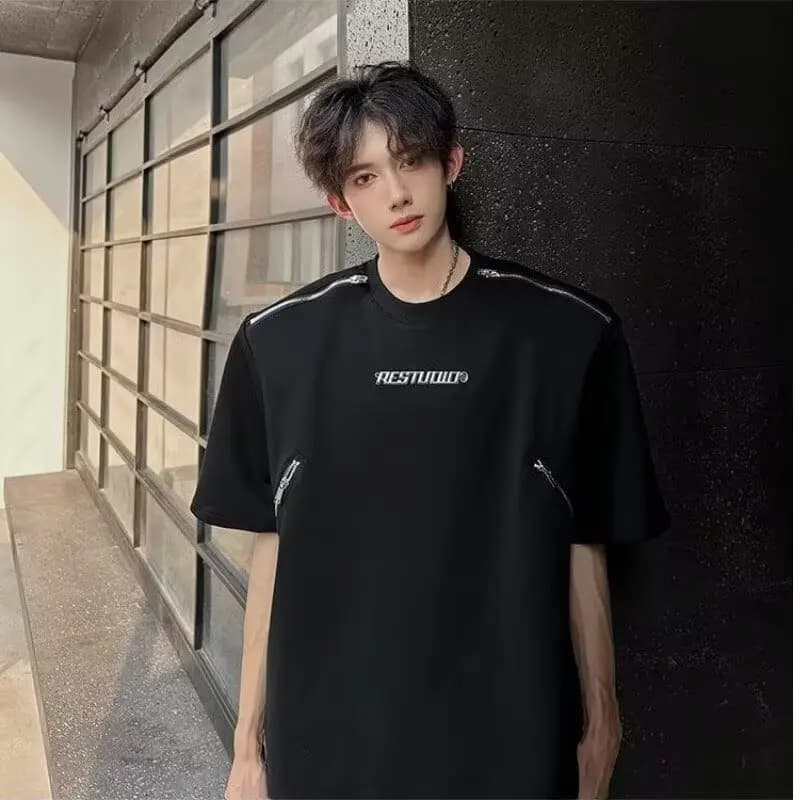 American Style Metal Zipper Heavyweight Short Sleeve T-Shirt Men Summer High Street Design Trendy Casual Half Sleeve Body T-S...