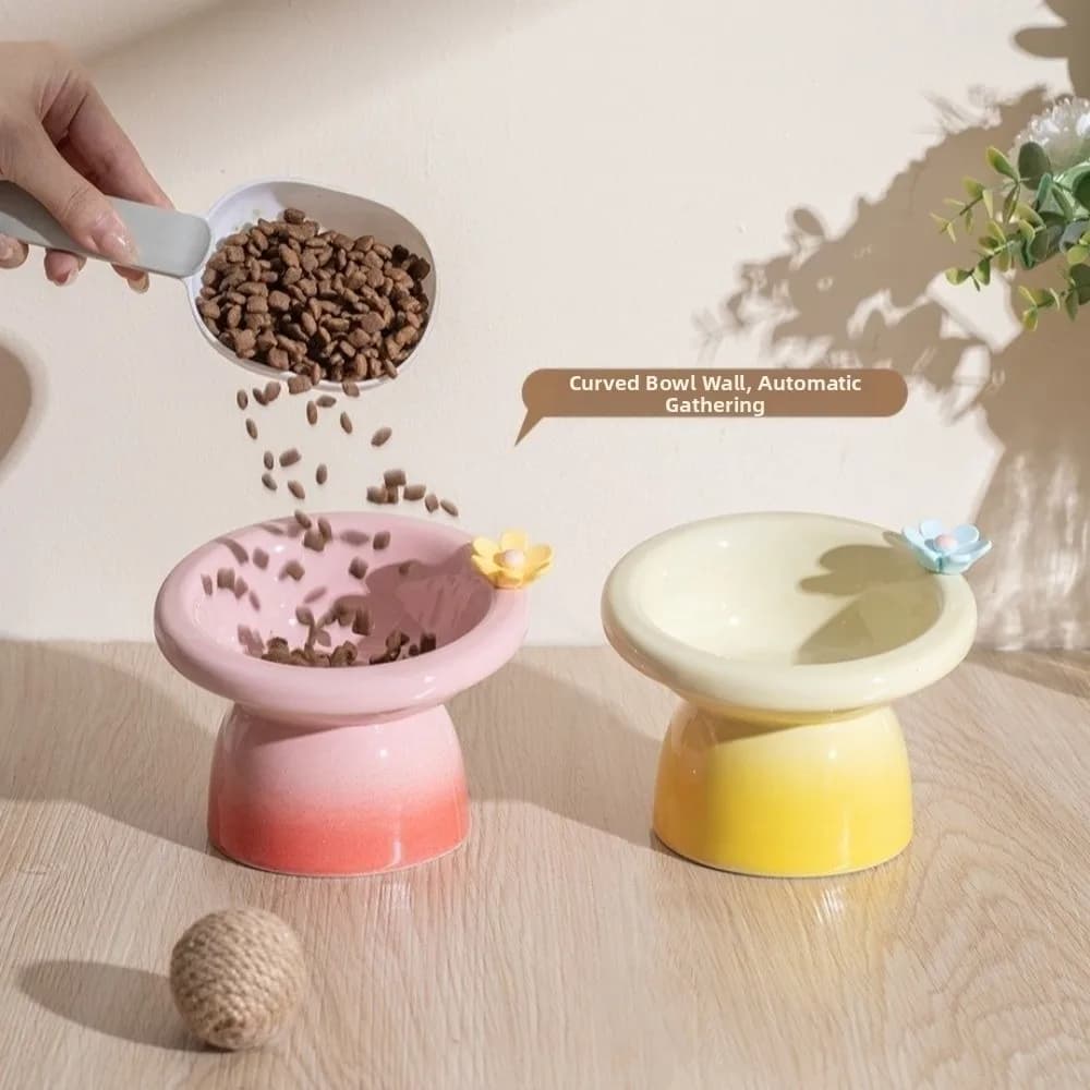 Ceramic Elevated Cat Bowl Cute Flower Pet Food Water Bowl Neck Protection Anti Slip Raised Pet Feeder Kitten/Puppy/Bunny