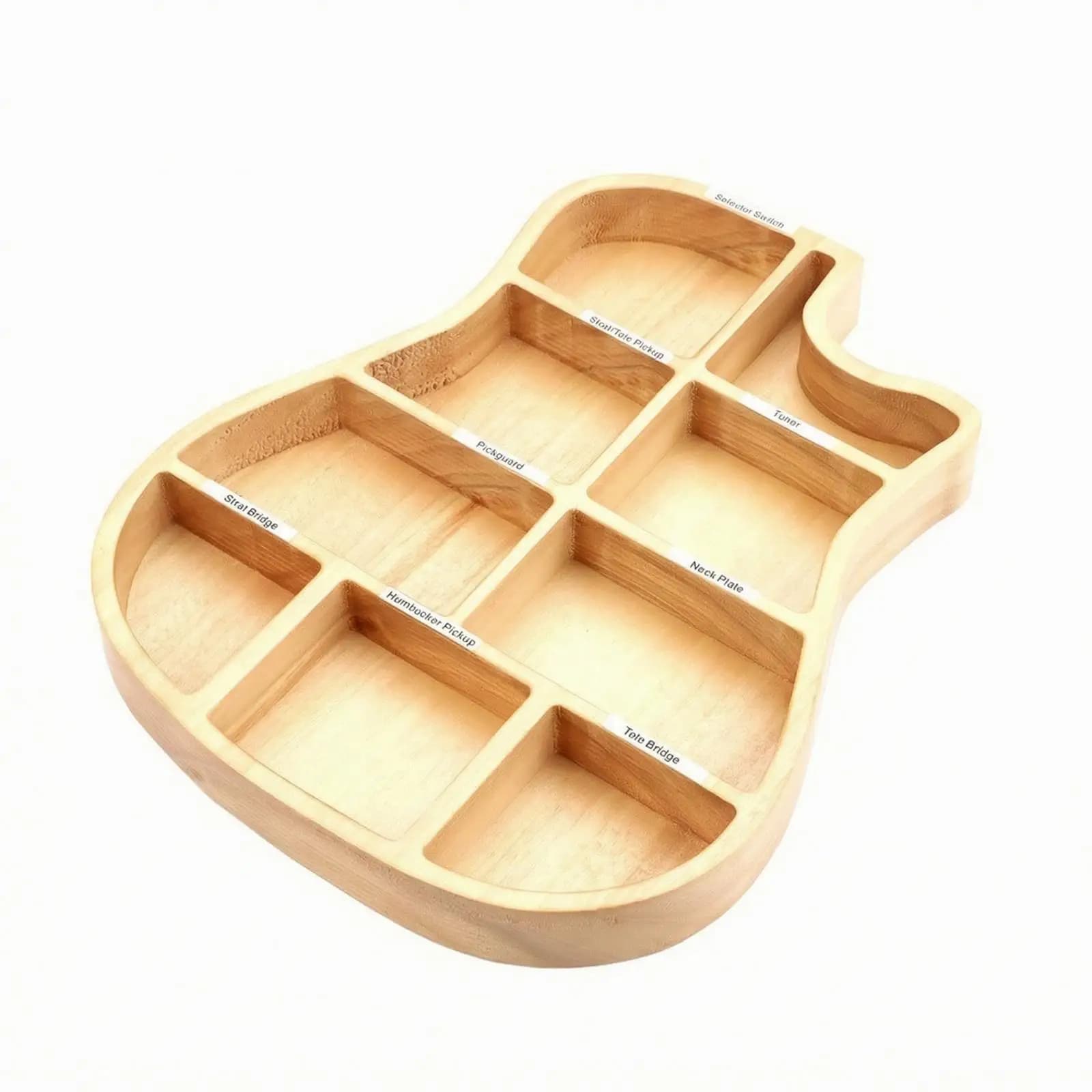 Natural Wood Guitar Accessory Tray with Labeled Compartments for Picks Tools and Small Parts Practice Room Organizer