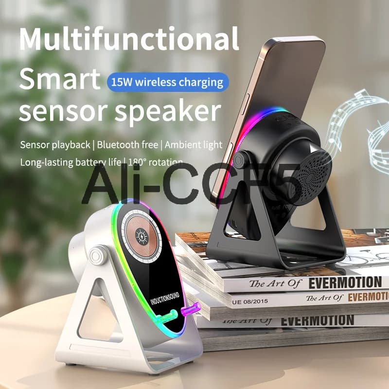 Altoparlante Bluetooth audio a induzione wireless 5 IN 1 Staffa multifunzionale Altoparlante ricaricabile con luce respiratoria per atmosfera