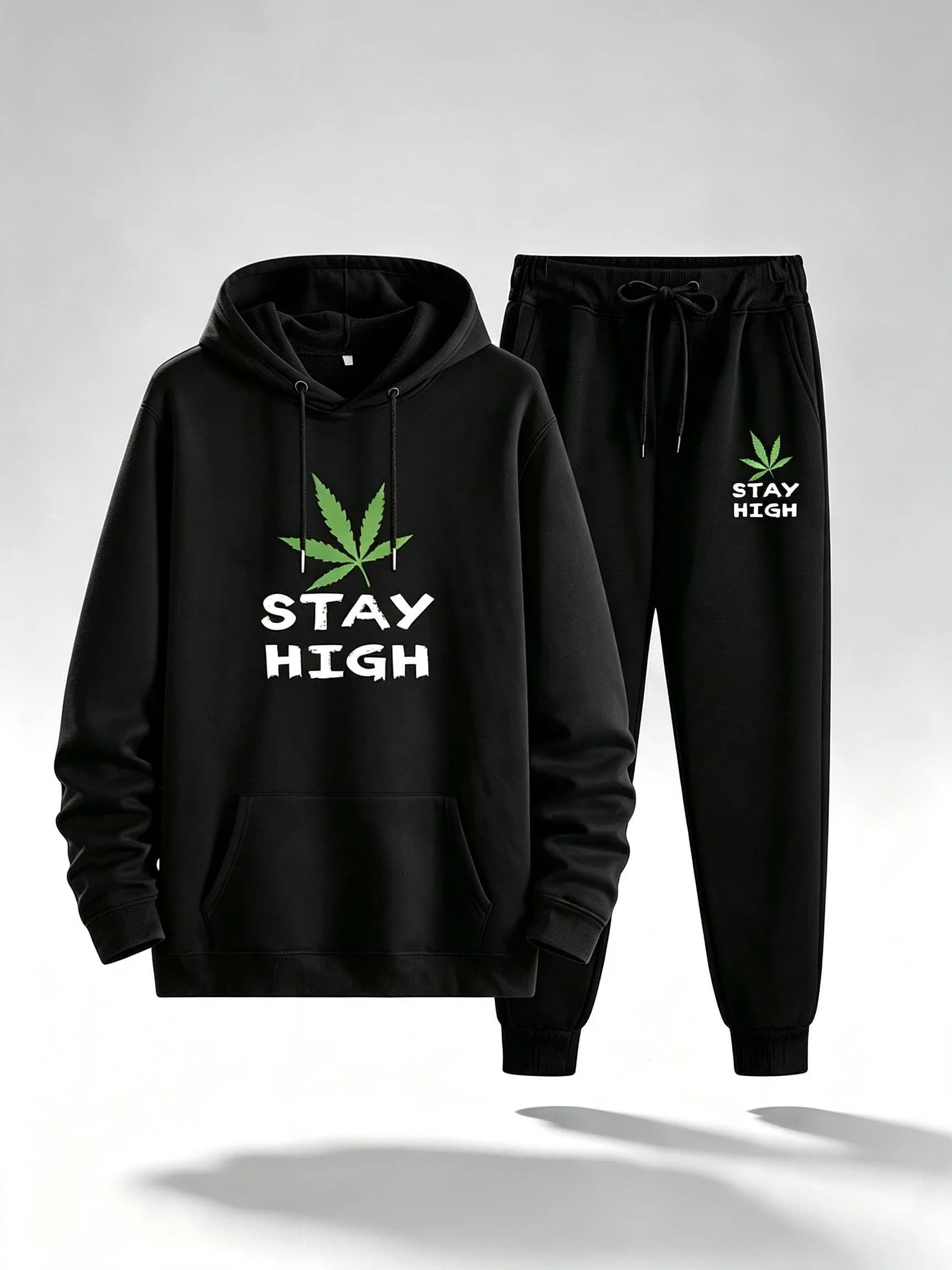Men 2‑Piece Tracksuit STAY HIGH Leaf Graphic Print Hooded Sweatshirt + Jogger Pants Casual Streetwear Male HoodieSuit Sportswear