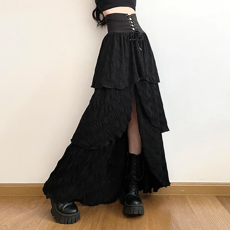 MEXZT Y2K Gonna lunga divisa nera Donna Harajuku Fasciatura gotica Gonne maxi irregolari Estate Vintage Grunge Design A Line Faldas