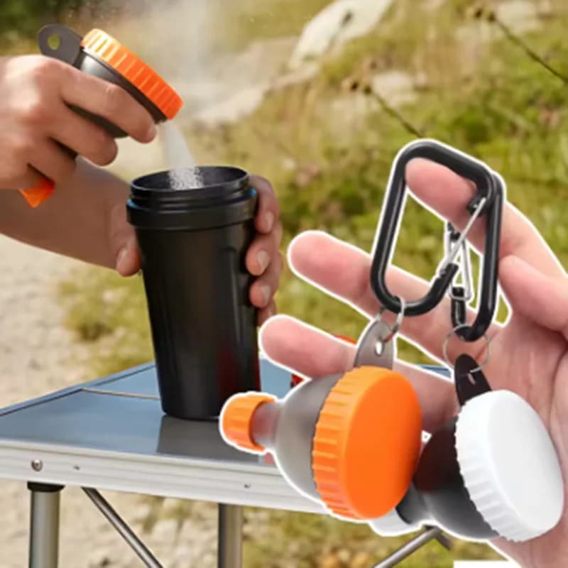 50 ml portable container for powdered protein, with funnel, leak-proof, ideal for hiking.