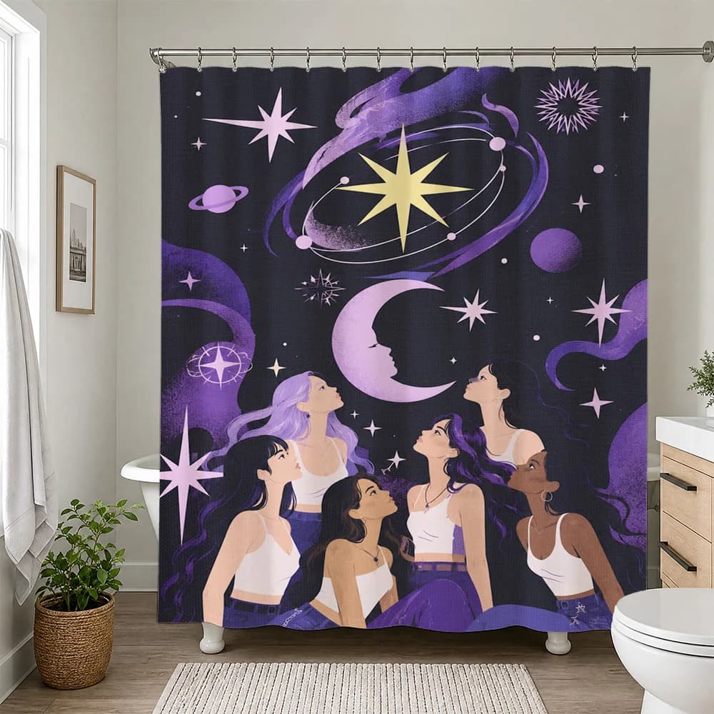 Celestial Goddess Constellation Shower Curtain Purple Cosmic Stars Moon Woman Art Bathroom Decor