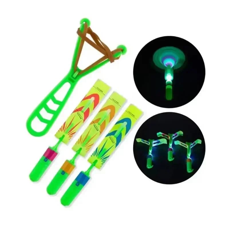 4-Color LED Arrow Helicopter Toy Set with Glow-in-the-Dark Launchers Luminous Slingshot Night Flying Rocket for Kids