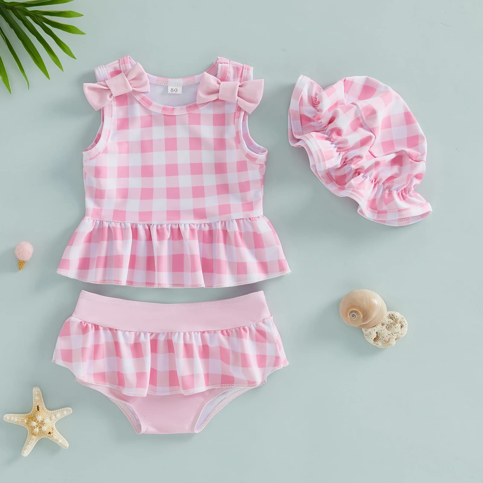 Kids swimsuit with Scottish/Floral print, sleeveless top with volant, thong and sun hat, set 3 pieces, summer beach clothing