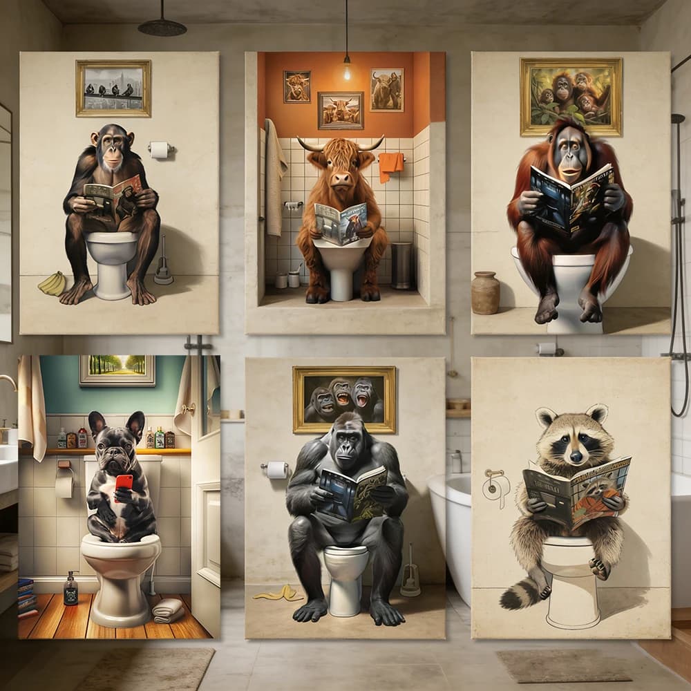 Funny Animals Reading Newspaper on Toilet Pop Canvas Wall Art Humor Monkey Dog Cat Cow Bathroom Poster Print Washroom Wall De