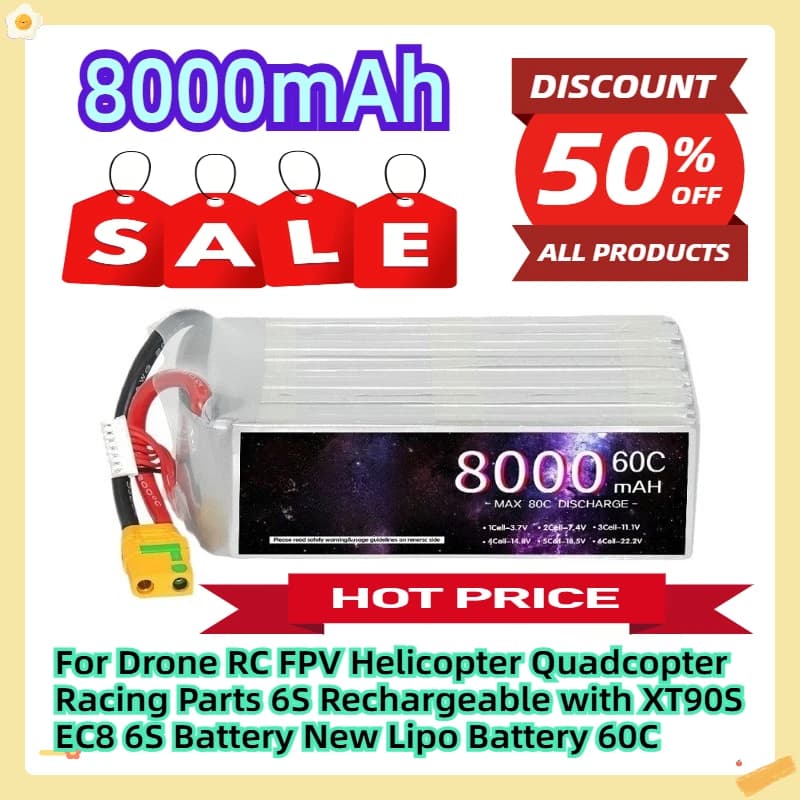 Per Drone RC FPV Elicottero Quadcopter Parti da corsa 6S Ricaricabile con XT90S EC8 6S Batteria 22.2V 8000mAh Nuova batteria Lipo 60C