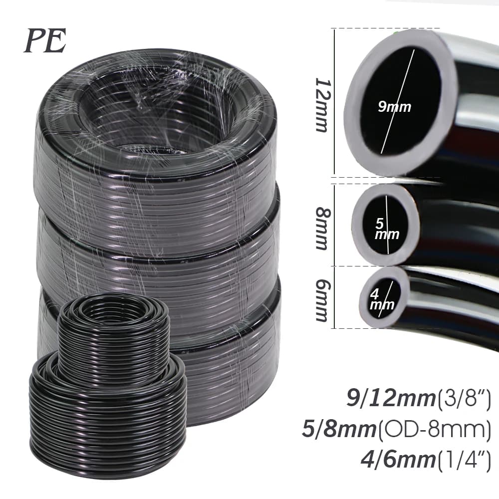 10/20/30/50M OD-6mm 8mm Black PE Pressure Proof Garden Tube 4/6mm 5/8mm 9/12mm Watering Pipe 3/8"1/4" Watering Pipe