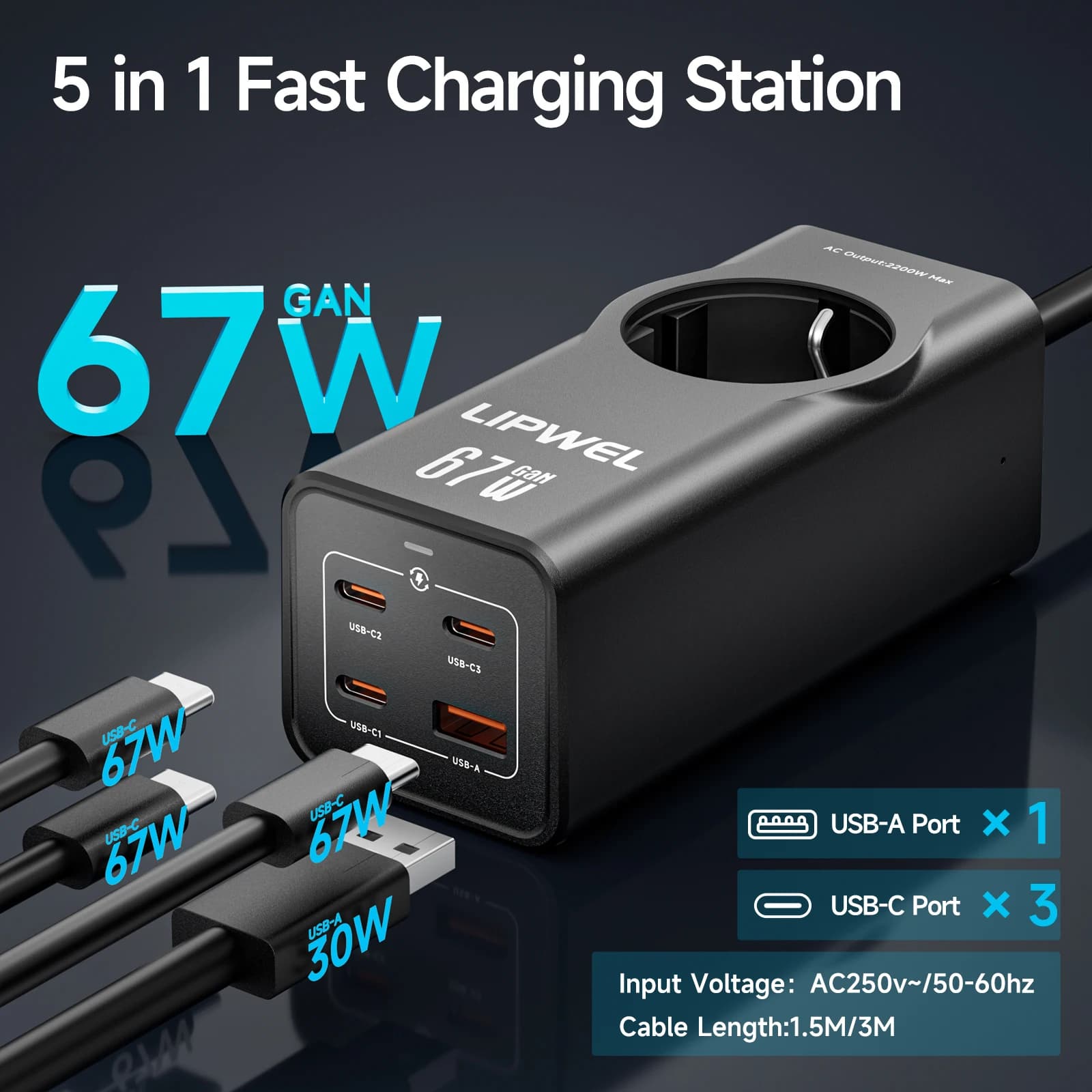 LIPWEL 67W GaN Adattatore di alimentazione da viaggio universale, adattatore spina europea 5 in 1 Stazione di ricarica rapida compatta per viaggi in Europa