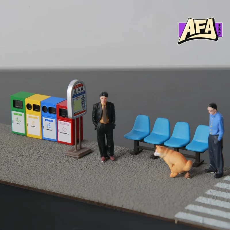 1/64 Scale Resin Japanese Bus Stop Set Sign Bench Recycle Bins Miniature Scene Props Street Diorama Display for Diecast Car AFA