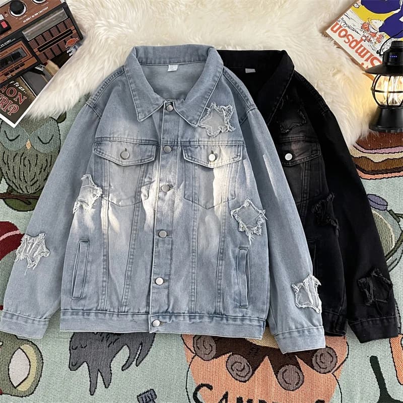 Giacca di jeans da uomo con patch a stelle, stile casual lavato, versione coreana, versatile per primavera e autunno