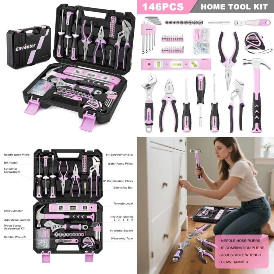 Pink Tool Kit Set for Women, 146PCS General Household Hand Tool Kit with Storage Toolbox, Ladies Small Basic Tool Kits for Home Maintenance, DIY Projects