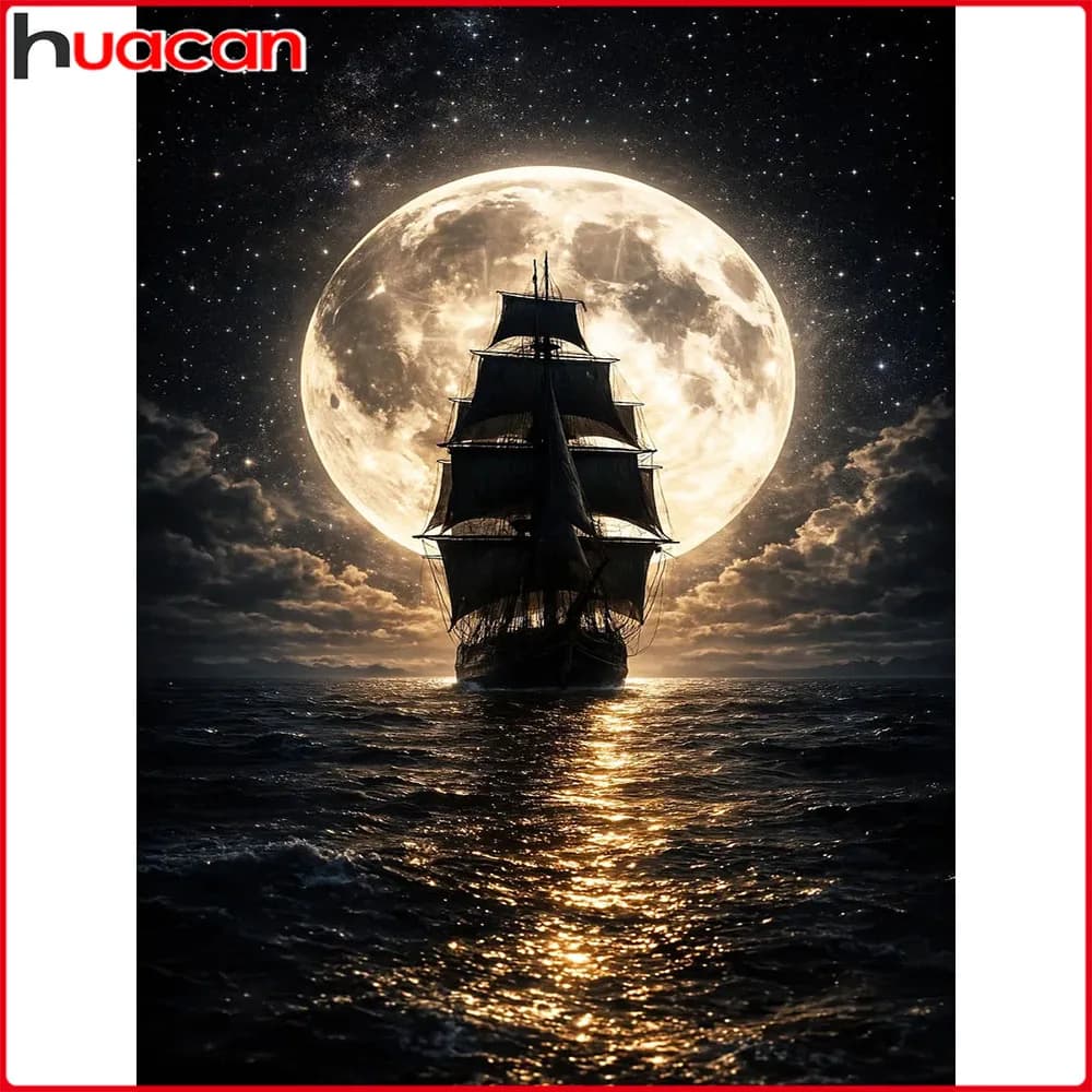 Huacan Kit Completo di Pittura Diamantata con Barca a Vela Notturna e Luna, Ricamo Diamantato Paesaggistico, Immagine con Strass