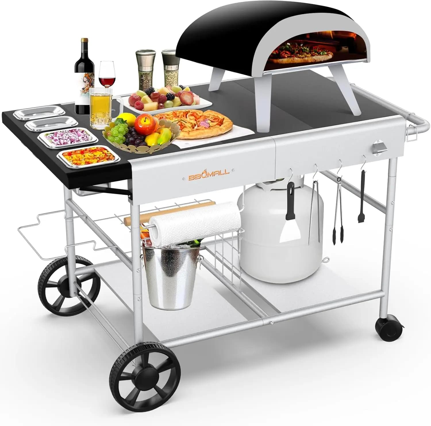 Carrello Griglia Mobile da Esterno con Stazione per Ingredienti Pizza, Piano di Lavoro per Forni da Tavolo e Piastre