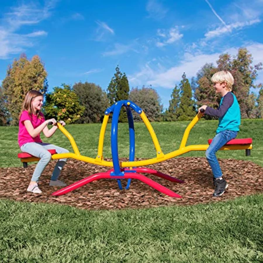 Pendulum Teeter Totter Seesaw for indoor outdoor active play, steel frame with powder-coated blue finish, smooth pendulum motio
