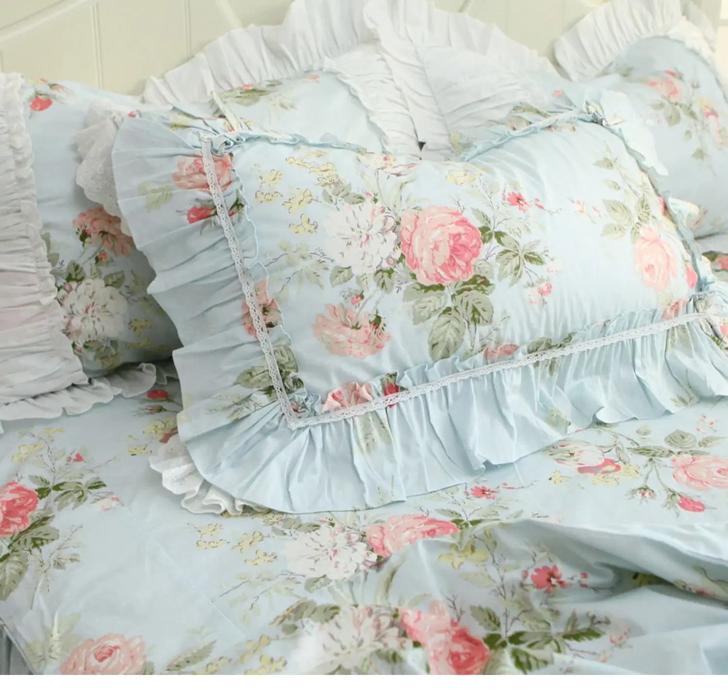 1 100% cotton pillow sheet with floral lace and curled edge, romantic princess style