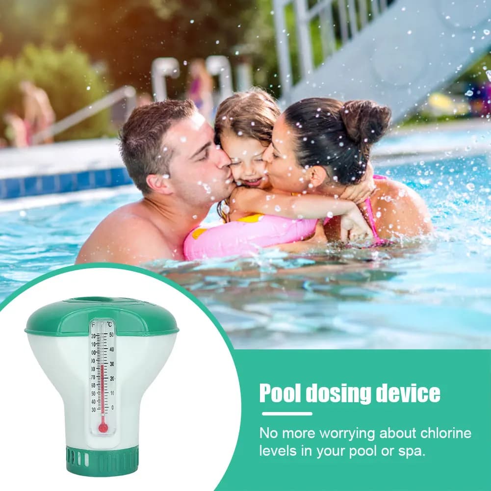 Dosatore di Cloro Galleggiante per Piscina con Termometro, Dispenser Regolabile per Pastiglie di Cloro, Accessori Versatili per Piscina