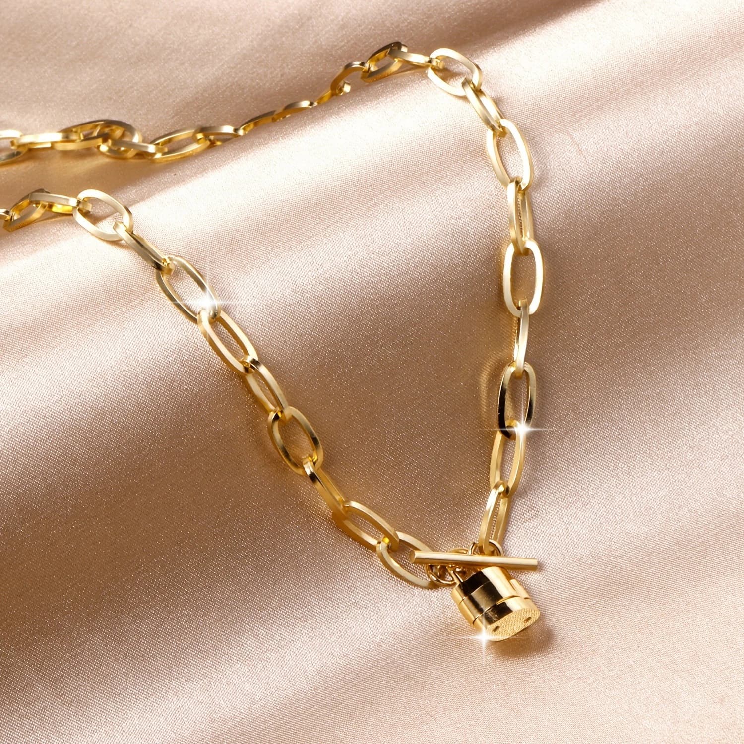 Gold Thick Oval Paperclip Chain Cylinder Lock OT Toggle Necklace 316L Stainless Steel Vintage Chunky Minimalist Anti Tarnish Sta