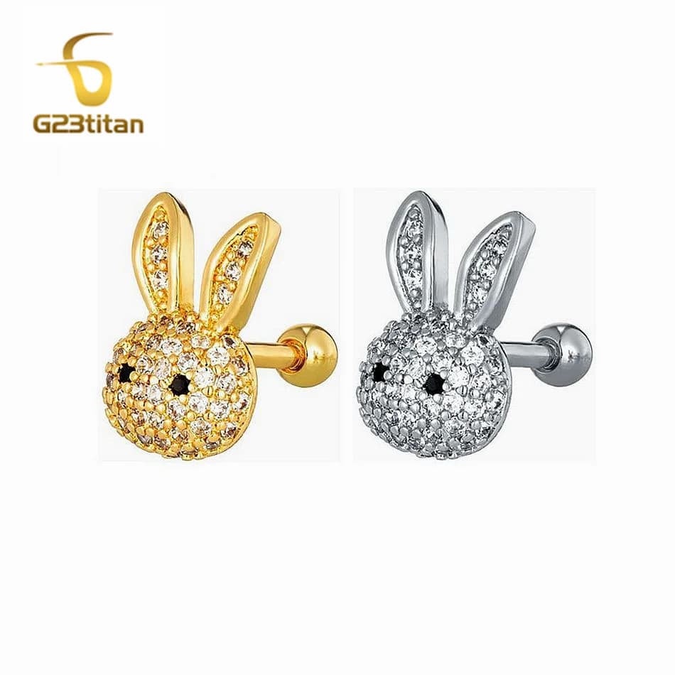 2pc Cute Rabbit Cartilage Earring Zircon Animal Helix Tragus Lobe Piercing 16G G23 Titanium Ear Nose Stud Women Men Body Jewelry