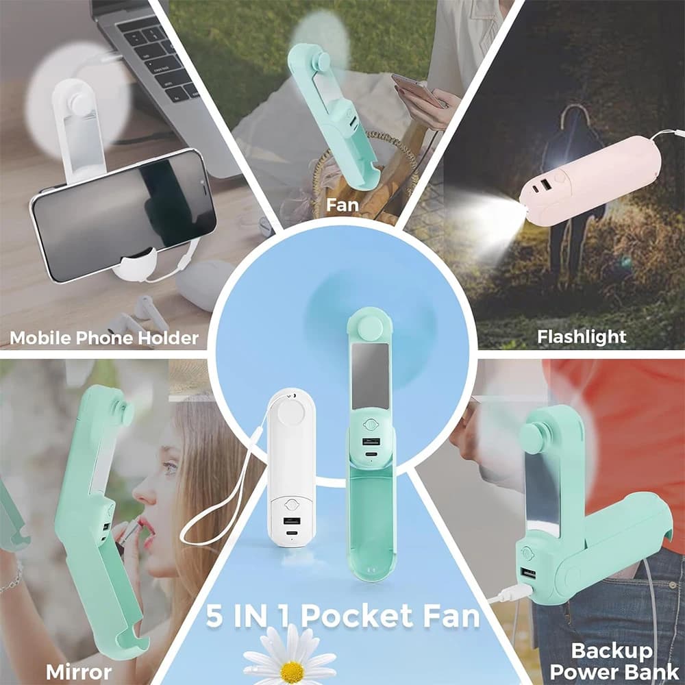 Ventilatore Portatile 5-in-1 con Power Bank, Supporto per Telefono, Specchio, Torcia, Mini Ventilatore Ricaricabile Multifunzione per Esterni