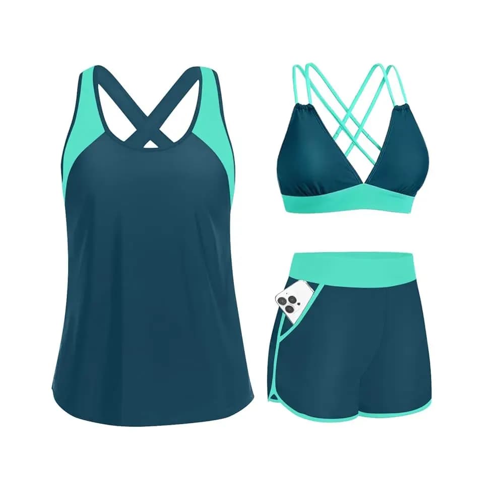Costume da bagno Tankini 3 pezzi da donna - Top contenitivo con reggiseno e pantaloncini a vita alta con tasche 2026