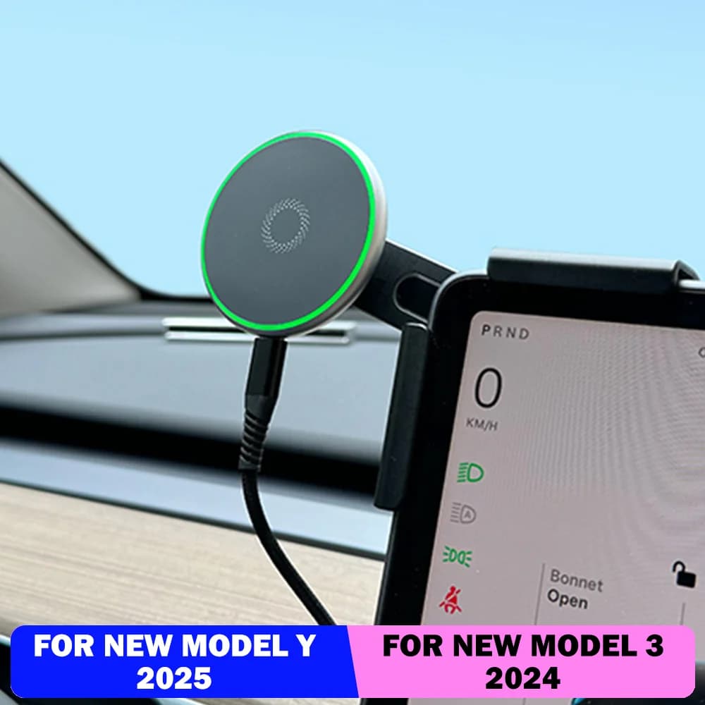Support for Car Phone with 15W Wireless Magnetic Charger Compatible with MagSafe for Tesla Model Y Launch 2026 2025 Model 3 HIGHLAND