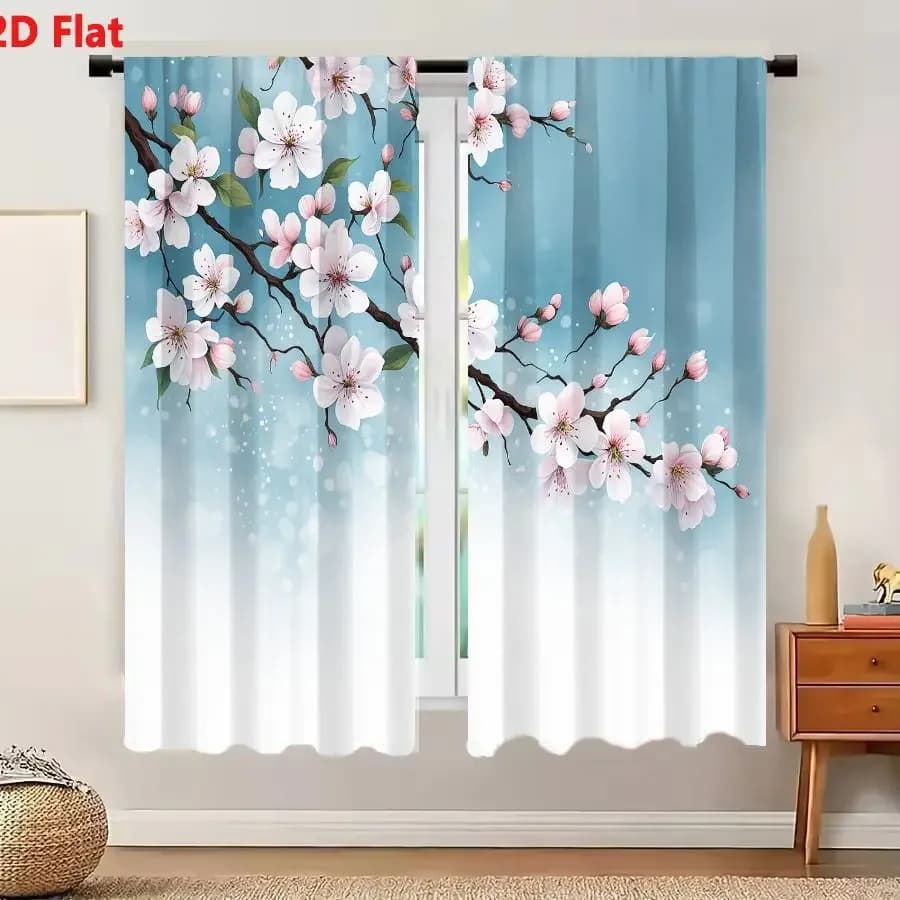 2Pcs Curtains 2D Flat Delicate Artistic Illustration Of Blooming Cherry Blossoms Branch Against Soft Gradient Background Window