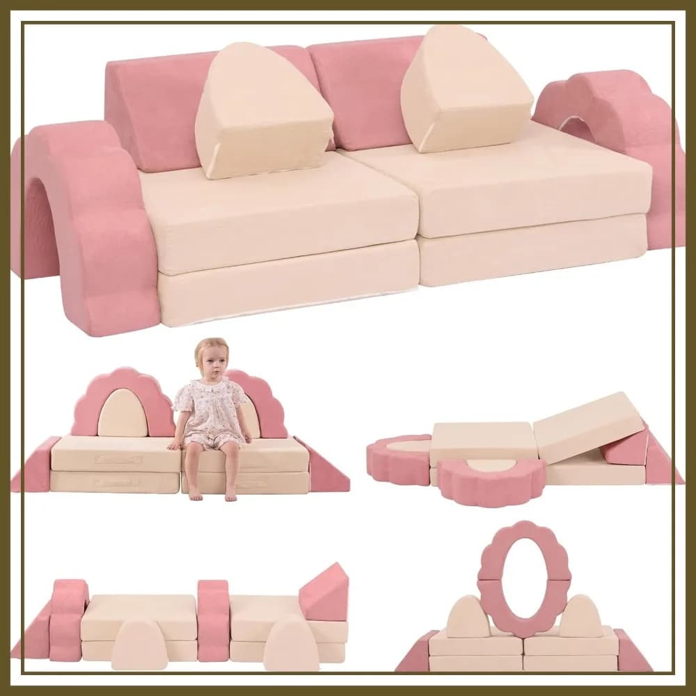Divano Modulare da Gioco a 10 Pezzi, Divano Convertibile in Schiuma con Rivestimento Lavabile, Arredamento da Interno per Sala Giochi, Rosa e Beige